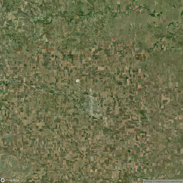 Aerial satellite view of a grid-like patchwork of agricultural fields surrounding a small city or town in a rural landscape.