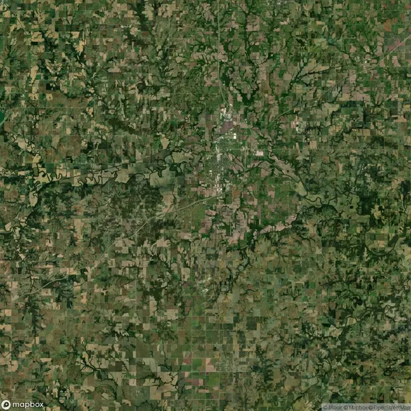 Aerial satellite view of a rural landscape featuring a grid of farmland, scattered forests, a river, and a small urban area near the center.