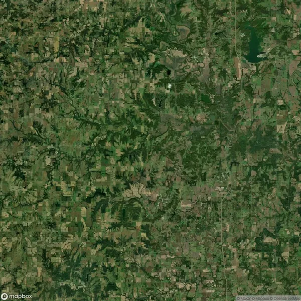 Aerial satellite view of a rural landscape with patchwork fields, scattered forests, and a few visible water bodies and roads.