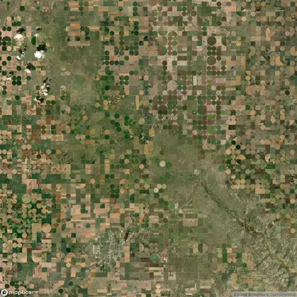Aerial view of farmland with square and circular crop fields in varying shades of green and brown.