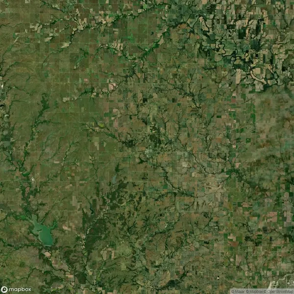 Aerial satellite view of a rural landscape with fields, forests, rivers, and scattered patches of farmland in various shades of green and brown.