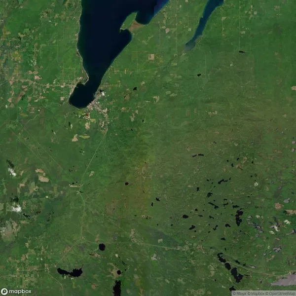 A satellite view of a green landscape with scattered lakes, roads, and a large body of water in the upper left quadrant.