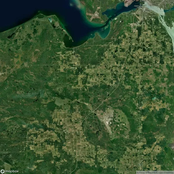 Satellite view of a rural landscape with a mix of forests, fields, and waterways, including a large body of water at the top and scattered patches of development.