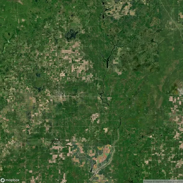 Satellite image showing a mix of farmland, forested areas, and a winding river running vertically through the center of the landscape.