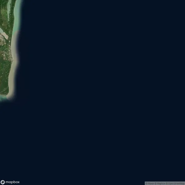 Satellite view of a coastal area with green land on the left, sandy shoreline, and dark blue ocean covering most of the right side of the image.