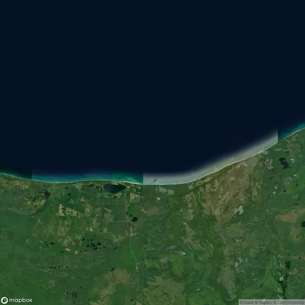Satellite view of a coastal area with a long, sandy shoreline, dark blue water to the north, and green land with scattered patches and roads to the south.