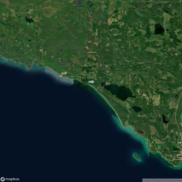 Satellite view of a coastal region with green land, bodies of water, and a shoreline bordering a blue sea.