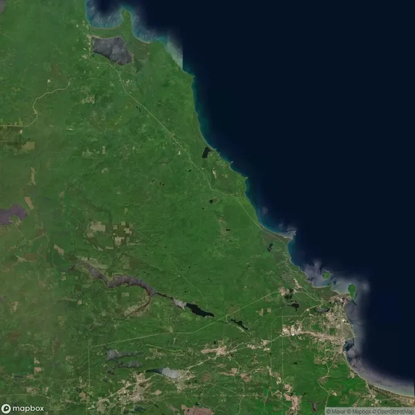 Satellite view of a green, rural landscape bordering a large body of water, with scattered roads and small patches of development visible.