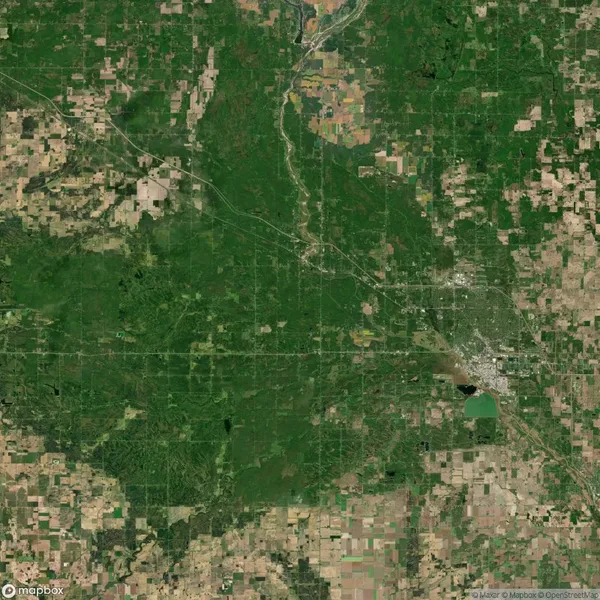 Satellite image showing a mix of dense green forest, agricultural fields, and a developed urban area with roads intersecting the landscape.
