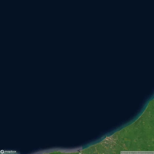 Satellite view showing a dark blue body of water at the top with a curved green coastline and land at the bottom right corner.