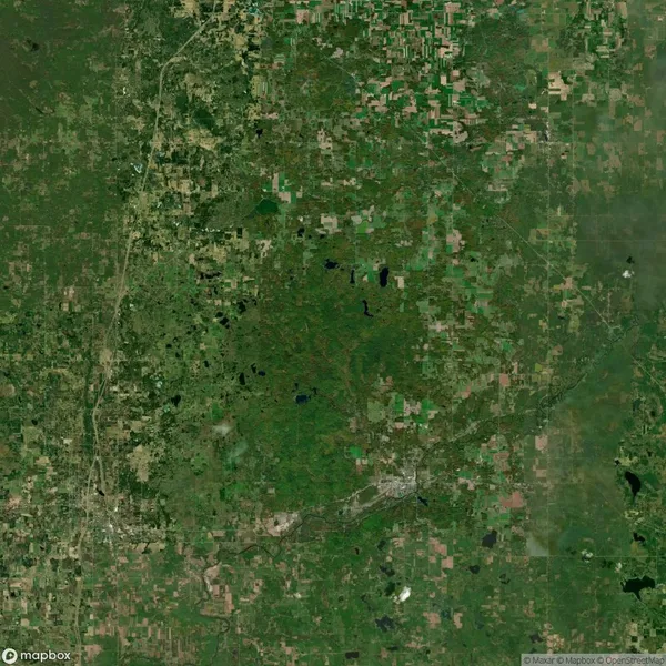 Satellite image showing a mix of green forested areas and agricultural fields, crisscrossed by roads and small bodies of water, viewed from above.