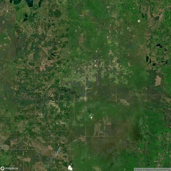 Satellite view of a green, rural landscape with scattered fields, forests, and some bodies of water, showing a patchwork pattern of farmland and natural areas.