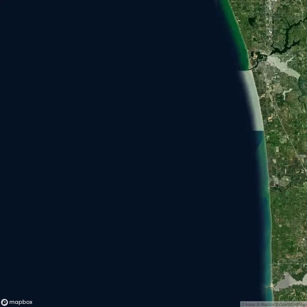 Satellite view of a coastal area with the ocean on the left and urban and green land on the right, showing a clear shoreline running vertically.