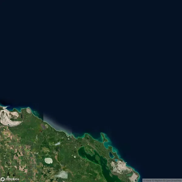 Satellite image showing a coastal region with green land, patches of farmland, and a large body of dark water above.