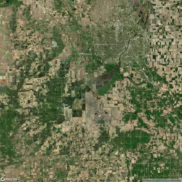 Aerial satellite view of a patchwork of agricultural fields and a city bisected by a river, surrounded by farmland and scattered vegetation.