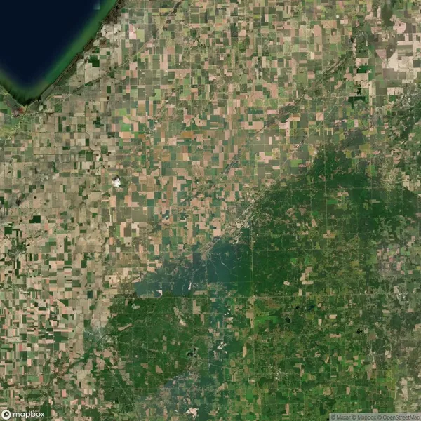 Aerial satellite view of a patchwork of farmland, roads, and a large forested area in the lower right, near a body of water in the upper left corner.