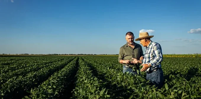 Two men stand in a green crop field under a clear blue sky, examining plants and discussing something.