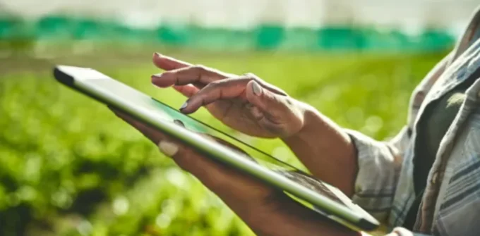 A person using a tablet in an outdoor agricultural field, with green crops visible in the background.