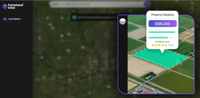 A digital interface shows a map with a highlighted farmland plot valued at $395,000 and a high confidence rating, labeled "Property Valuation" by Farmland Intel.